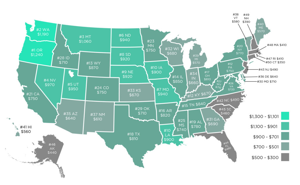Map of fuel cost savings per year when driving on electricity instead of gas, by state.